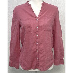 FUN DAY Womens XS Pink Linen Blend Button-up BLOUSE Top Roll-tab Sleeve EUC